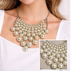 ect! Faux Pearl Bib Necklace Statement Ivory Silver Tone 12"